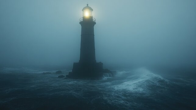 Lighthouse beacon in stormy fog