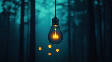 A glowing lightbulb hanging with others against a dark forest background
