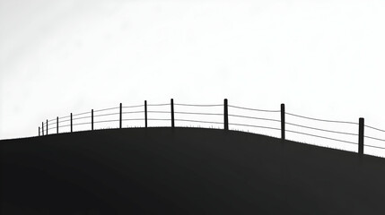 A minimalist black and white image of a fence on a hill.