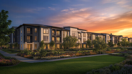 Modern apartment building during sunset with vibrant orange and blue sky, A row of beautiful townhouses with modern design, Designed with spacious units and extensive green areas.