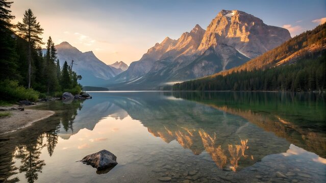 Majestic mountain reflection over serene lake nature's beauty landscape photography alberta canada dawn light tranquility