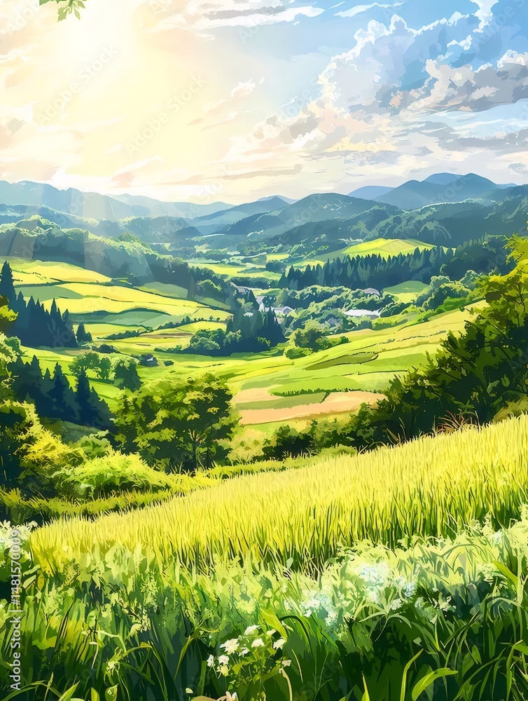 Poster 緑豊かな丘と太陽の光が降り注ぐ田園風景のパノラマ 夏の緑の牧草地と山々の美しい景色