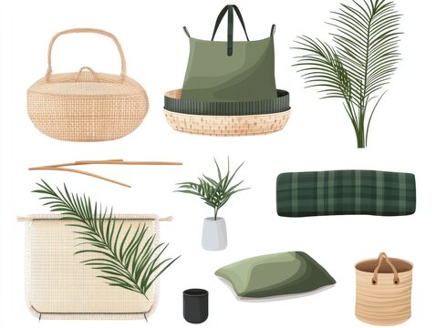 Natural woven baskets and accessories, showcasing a calming aesthetic.