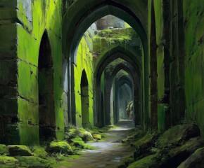 Naklejka premium Ancient stone corridor covered in lush green moss and arches.