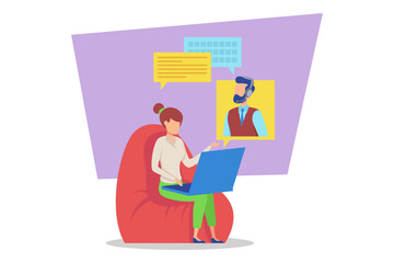 Student sitting comfortably on bean bag, engaging in online education session. Student communicating with instructor displayed on screen, highlighting modern learning methods