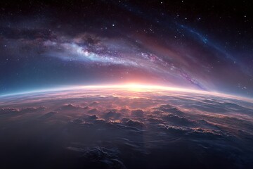 Stunning view of Earth at sunrise with vibrant colors, stars, and galaxies in the background showcasing the beauty of our planet from space