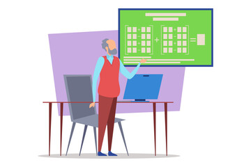 Teacher standing beside desk with computer, explaining technological concepts on large screen. Classroom fostering an engaging atmosphere