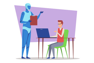 Robot presenting information to student seated at desk with laptop. Student demonstrating integration of technology in learning environments