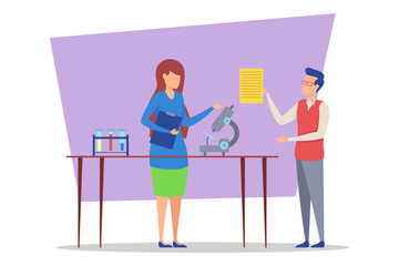 Man and woman engaged in scientific discussion in laboratory. Woman holding clipboard while man presenting document. Laboratory equipment on table