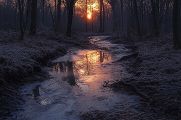 Fototapeta premium Frozen creek reflecting pastel hues of sunrise as it winds through a frosted forest, Generative AI