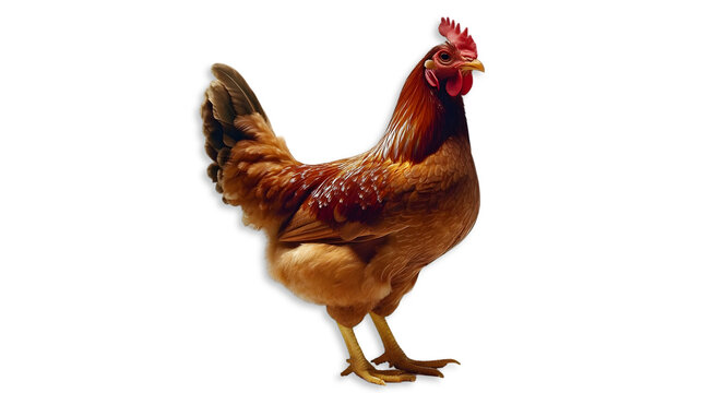 Depicting a Domestic Fowl, Poultry Breed Standing Sideways with Brown Plumage and Red Comb Isolated