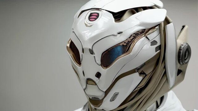 Futuristic white alien robot humanoid head with golden accents and detailed eye grids for sci-fi or fantasy themed projects.