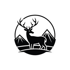 Black and white silhouette of a stag standing in front of mountains inside a circular frame logo design