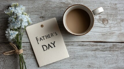 Father's Day Morning: A heartwarming scene featuring a greeting card celebrating Father's Day, complemented by a cup of coffee and delicate flowers on a rustic wooden surface.