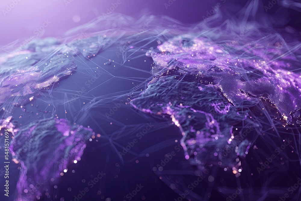 Poster abstract purple world map with digital connections and glowing lights over a soft gradient backgroun