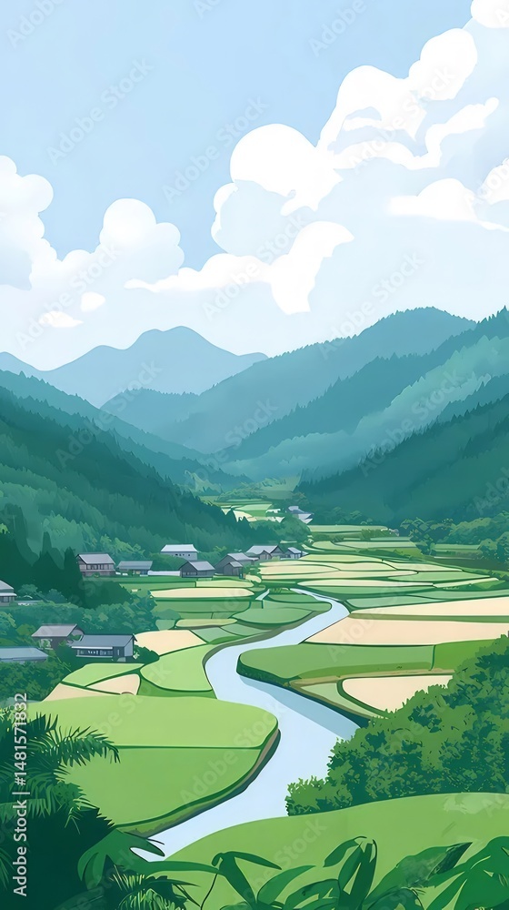 Poster 緑豊かな山々と田園風景が広がる日本の農村地域のパノラマビュー 青い空と白い雲が背景 ピクセルアートスタイル