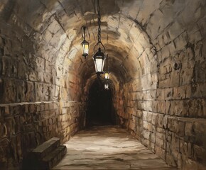 Dimly lit stone tunnel with hanging lamps, historical ambiance.