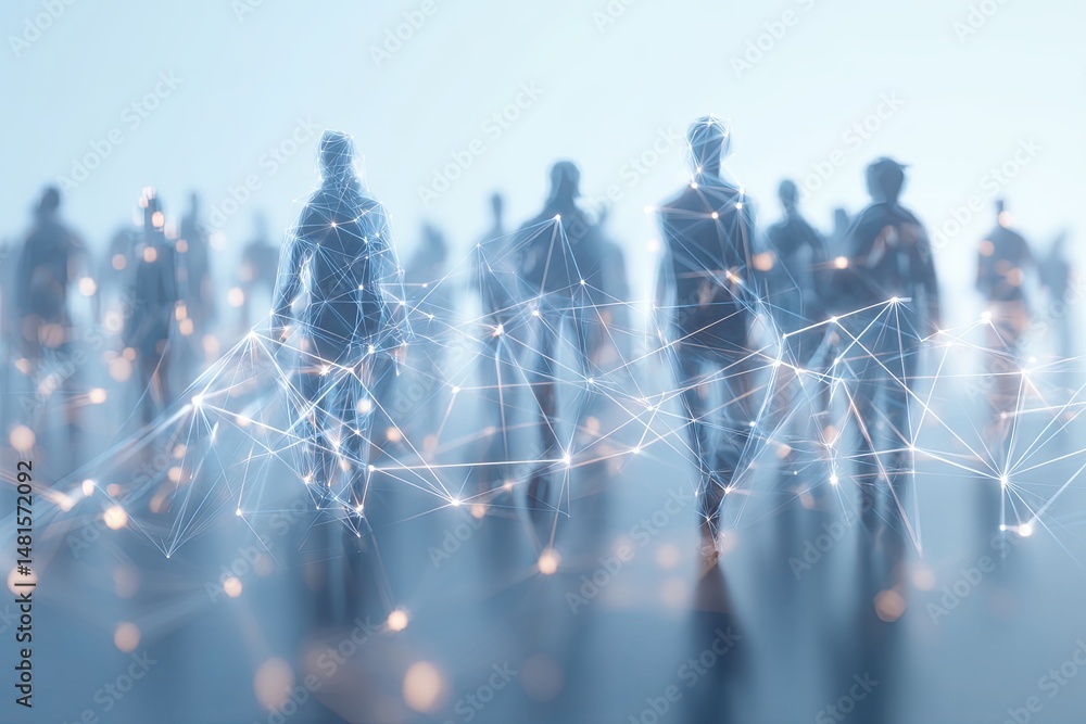 Poster global network of people connected through digital communication and collaboration in a modern flat 