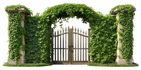 Large ornate wooden archway gate with dark brown wood and metal bars, fully framed by vibrant green ivy covering light beige stone pillars and arch, viewed from slightly low angle 