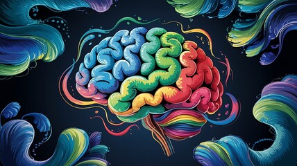 A colorful brain with abstract art representing mental wellness