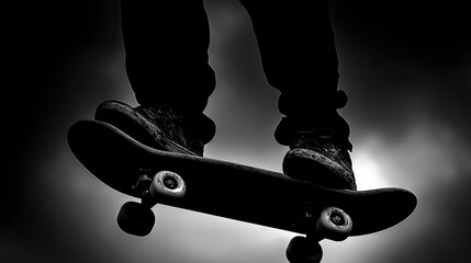 Skateboarder balancing on a skateboard in a black and white image