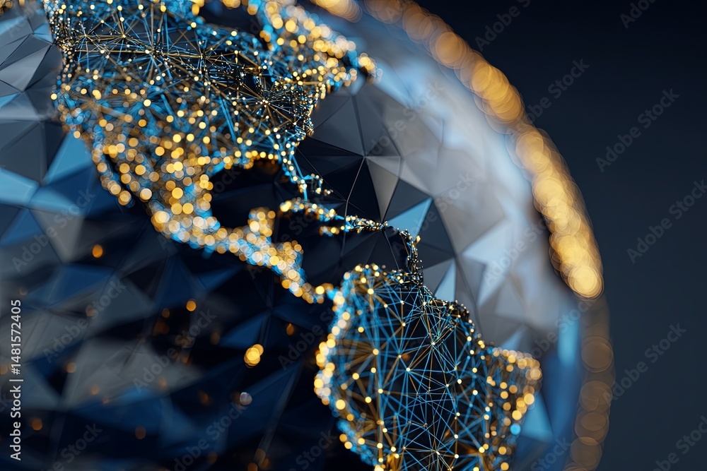 Poster futuristic globe with geometric vector pattern and illuminated world map in blue and gold color tone