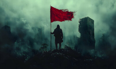 A lone figure stands amidst a ruined cityscape, holding a tattered red flag, symbolizing resilience and survival after devastation