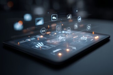 Fototapeta premium Digital Tablet with Information Concept and Icons Representing Data, Connectivity, and Technology in Modern Business Environment