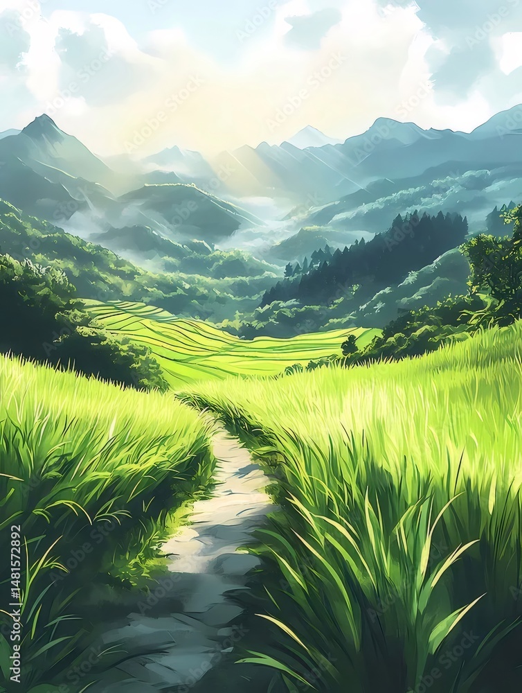Aufkleber 緑豊かな山々の風景 光が差し込む小道 草原が広がる日本の風景イラスト