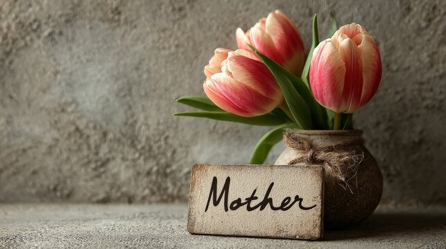 Tulips of Affection: Softly lit tulips, bearing delicate hues, rest gently in a rustic vase, accompanied by a loving note, offering a warm and heartwarming visual of maternal appreciation.