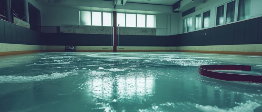 Low angle view of empty indoor ice hockey rink with red hockey stick and scraped ice in arena for game - Powered by Adobe