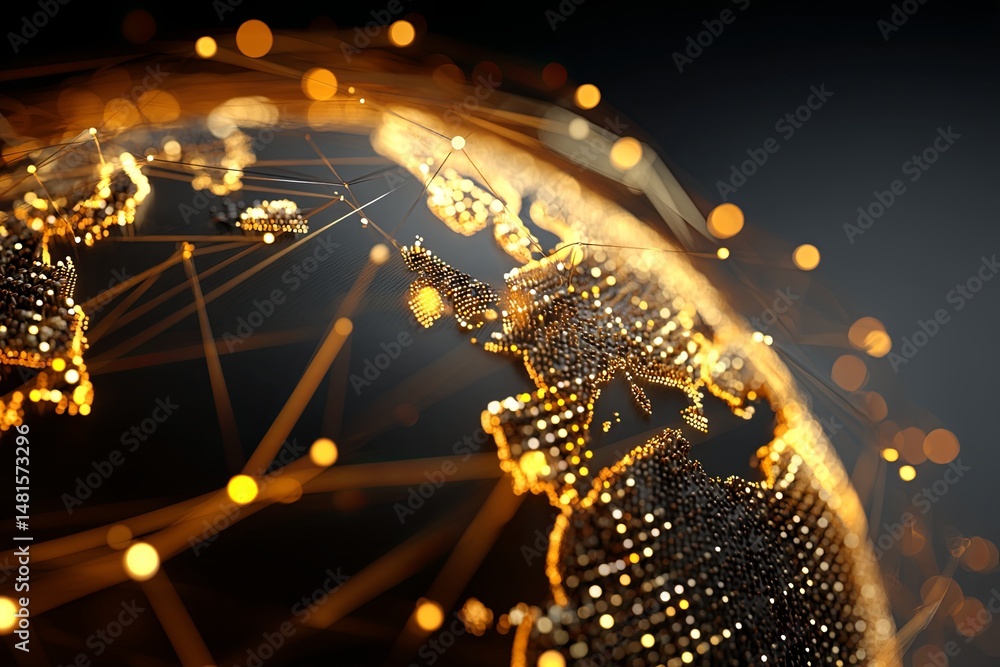 Poster vibrant global network concept with bright lights and connected digital globe showing world map and 