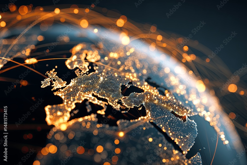 Poster vibrant global network concept with bright lights and connected digital globe showing world map and 
