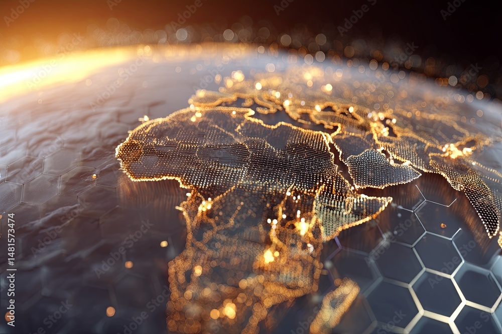 Aufkleber detailed digital representation of earth at sunset with glowing continents and hexagonal grid overla