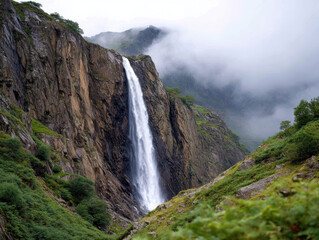 Tall waterfall cascades down steep rocky cliff surrounded by lush green vegetation and misty clouds in mountainous landscape. scene evokes sense of tranquility and natural beauty