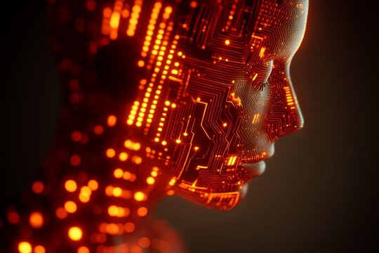 Abstract profile silhouette of a human head with glowing circuit patterns and binary code representing artificial intelligence and technology concepts