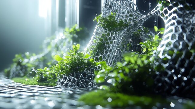Innovative nanomachine plants designed with crystalline metallic structures.