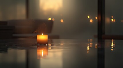 A glowing candle reflects light on a reflective surface at dusk