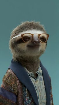 Sloth dressed in patterned jacket and glasses against a light blue background, showcasing a human-like presentation and playful character.