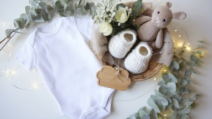 Baby Essentials: A tender composition of essential baby items, arranged thoughtfully around a bodysuit, evoke feelings of anticipation, love and care for the new arrival. 