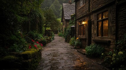 Picturesque village lane flanked by quaint stone buildings and greenery