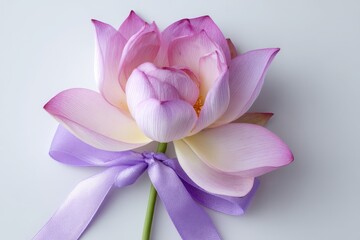 Fototapeta premium Elegant pink lotus flower adorned with delicate ribbon.