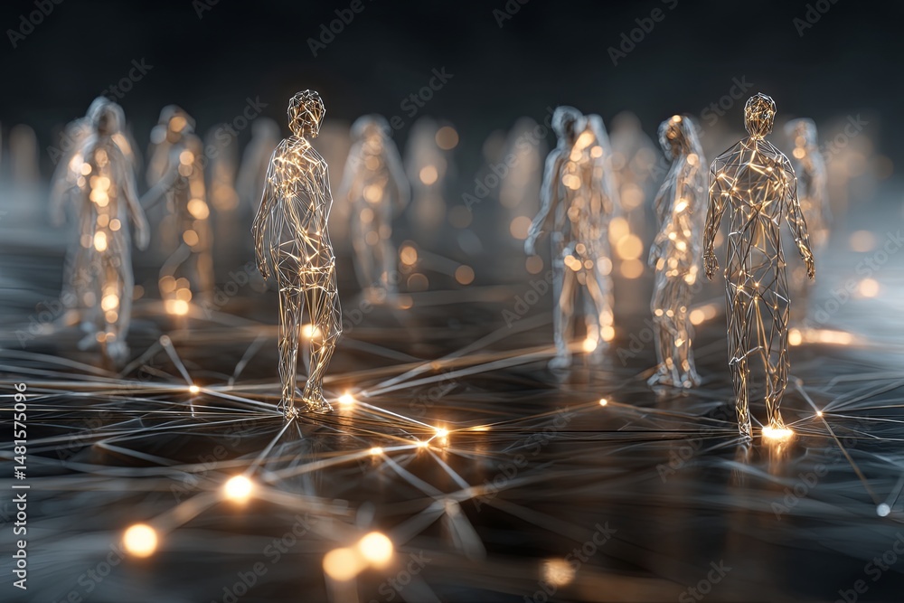 Poster network connections visualization with abstract human figures and glowing lines representing digital