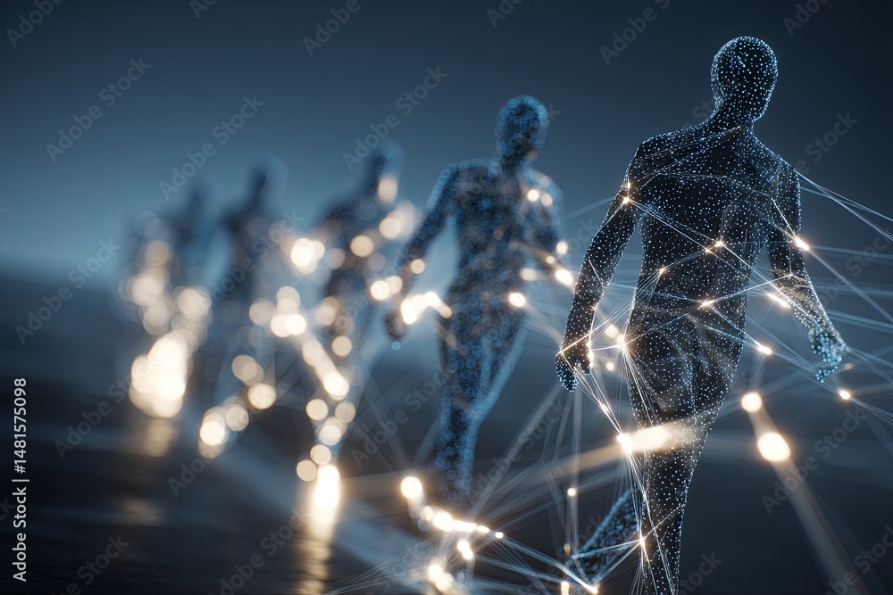 Poster network connections visualization with abstract human figures and glowing lines representing digital