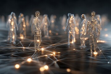 Network Connections Visualization with Abstract Human Figures and Glowing Lines Representing Digital Communication and Social Interaction