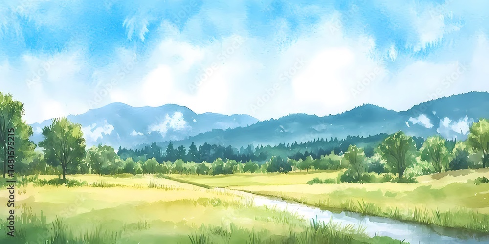 Poster 水彩画風の風景イラスト 青い空の下 川が流れ 緑豊かな山々と草原が広がる景色 美しい山岳風景を背景にリラックスできる自然の美しさを表現