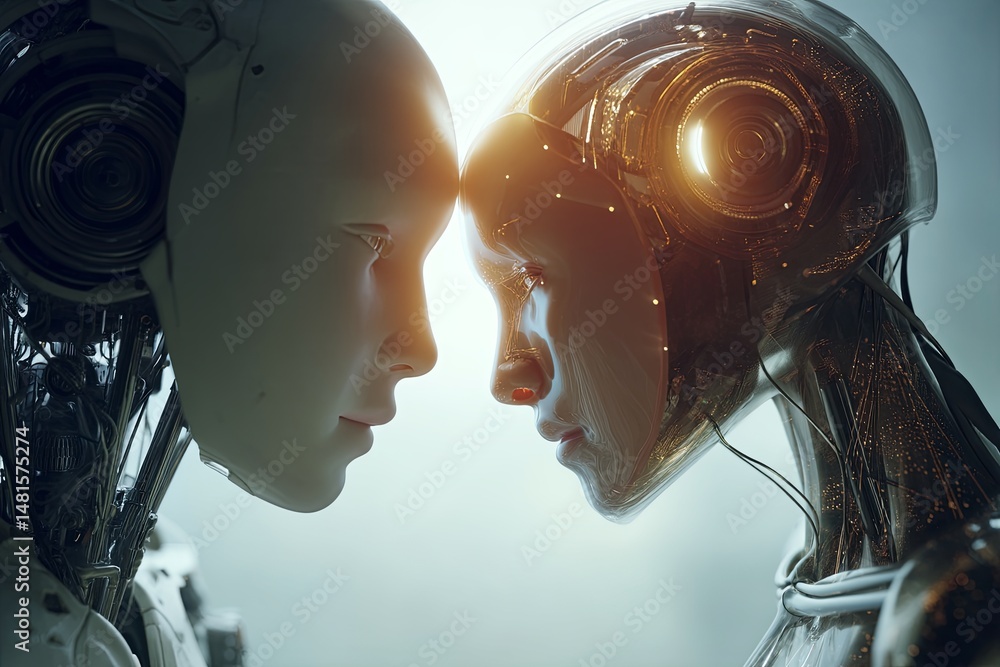 Poster futuristic concept of artificial intelligence with human and robot interaction symbolizing technolog