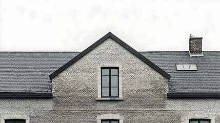 A grey building with a gable roof and small window against a white sky.