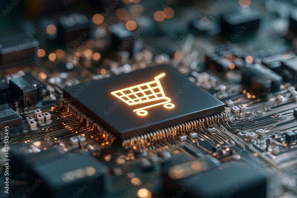 Poster digital shopping cart interface with circuit board background for online retail and technology conce