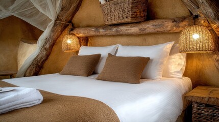 Rustic Bedroom Interior with Earthy Tones and Wooden Beams